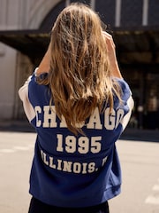 Navy Blue Chicago Slogan Back Graphic Baseball Letterman Varsity Jacket - Image 4 of 4