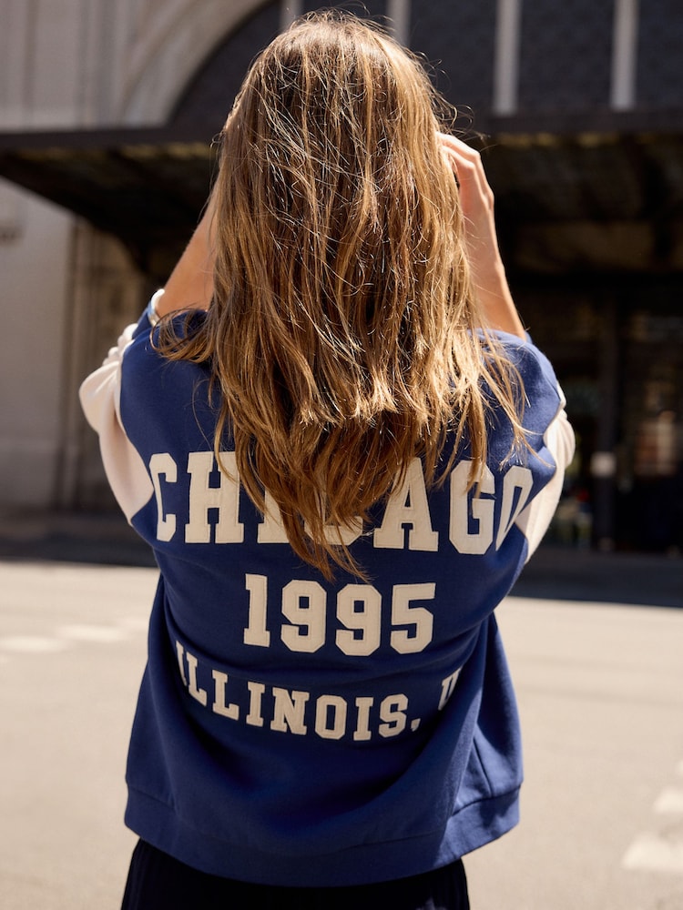 Navy Blue Chicago Slogan Back Graphic Baseball Letterman Varsity Jacket - Image 4 of 4