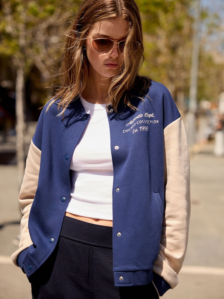 Navy Blue Chicago Slogan Back Graphic Baseball Letterman Varsity Jacket - Image 5 of 5
