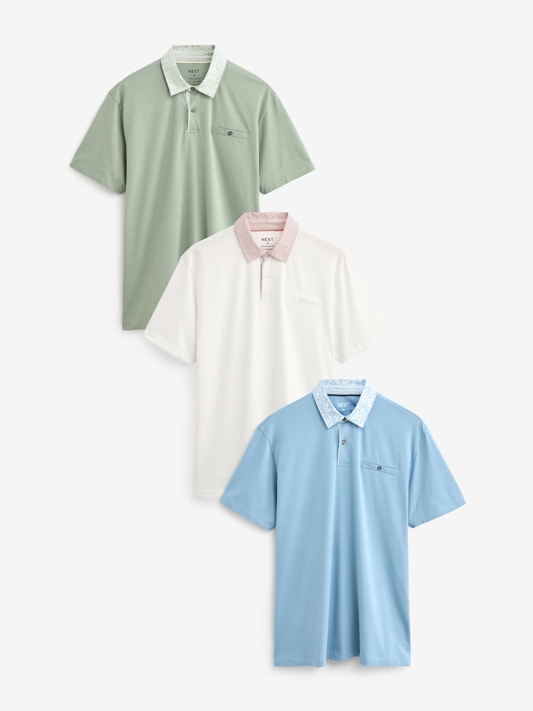 White/Blue/Green Smart Collar Regular Fit Short Sleeve Jersey Polo Shirts 3 Pack - Image 1 of 12