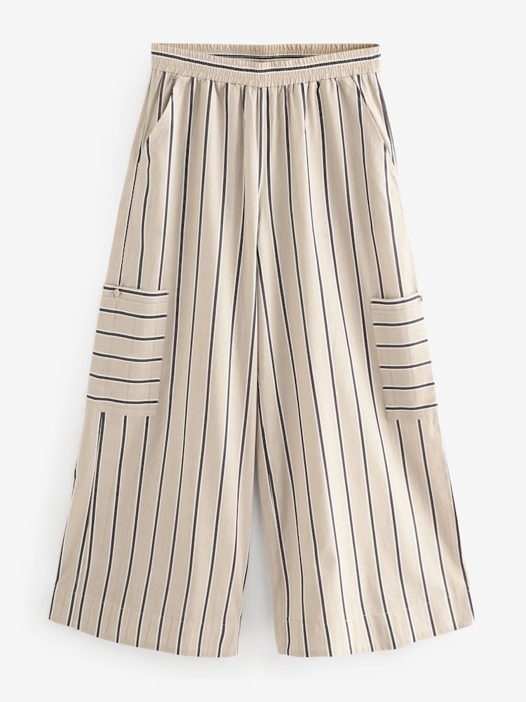 Ecru Striped Super Wide 100% Cotton Trousers - Image 1 of 5