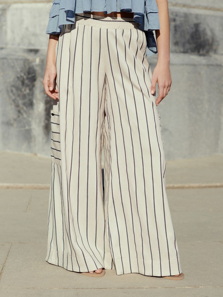 Ecru Striped Super Wide 100% Cotton Trousers - Image 2 of 5