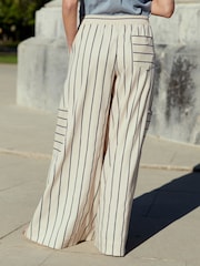 Ecru Striped Super Wide 100% Cotton Trousers - Image 3 of 5