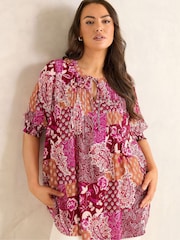 Evans Orange Scarf Print Pintuck Boho Top - Image 1 of 5