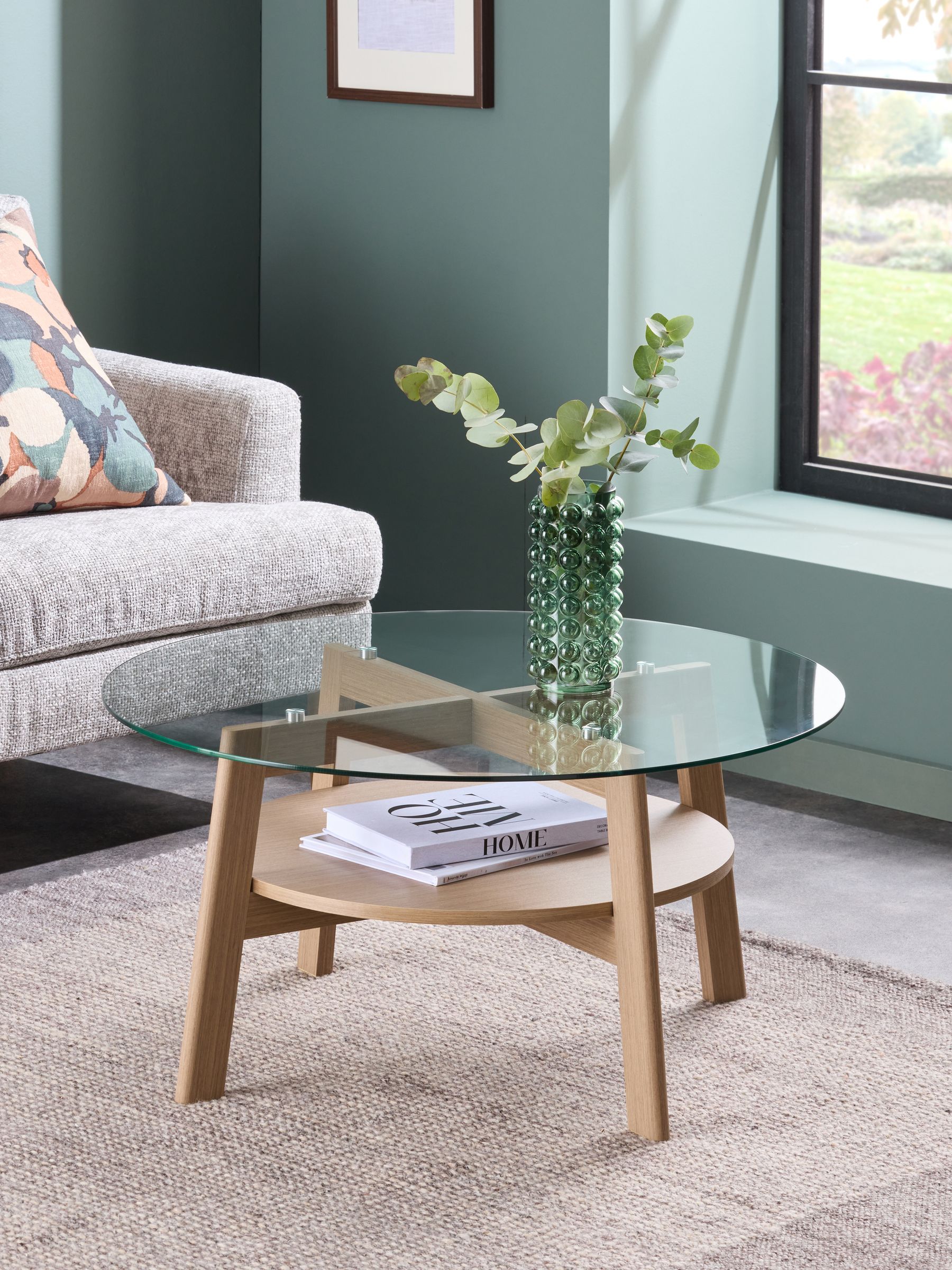 Light Marlow Glass Oak Effect Round Coffee Table Laura Ashley