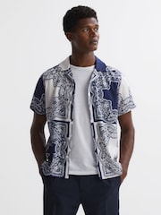 Reiss Blue/White Loxley Printed Cuban Collar Button Through T-Shirt - Image 1 of 4