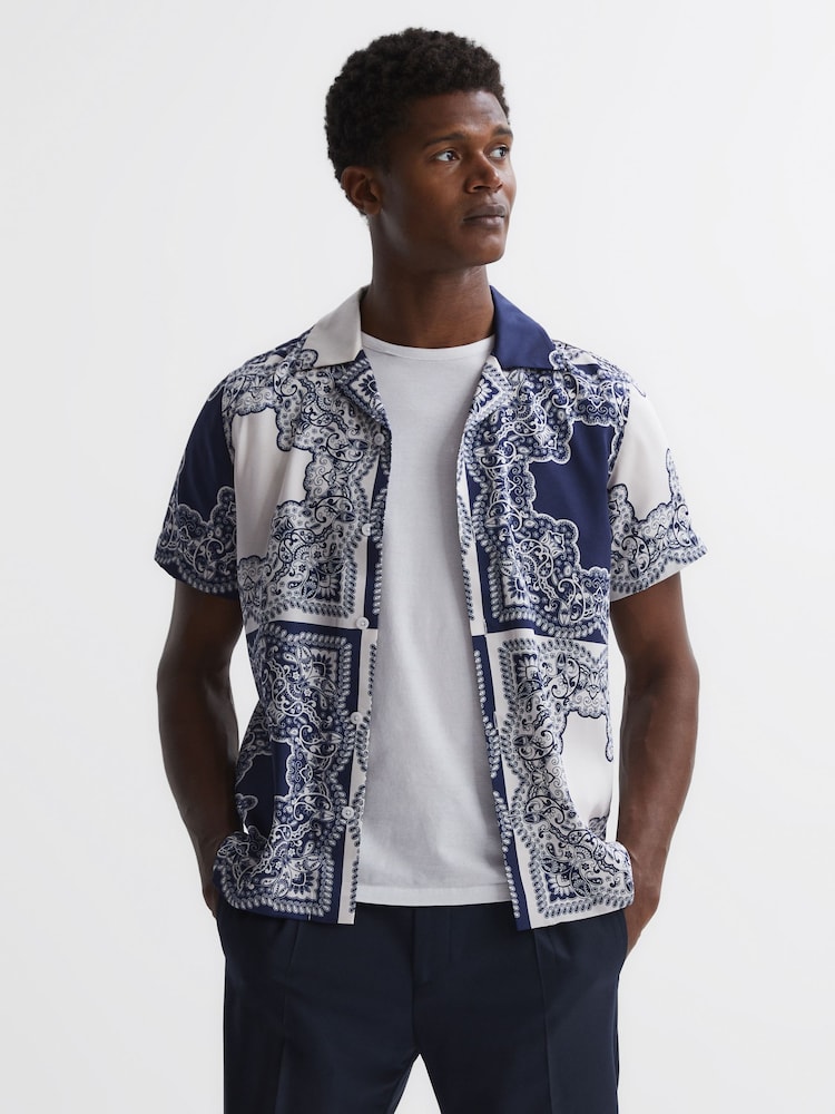 Reiss Blue/White Loxley Printed Cuban Collar Button Through T-Shirt - Image 1 of 4