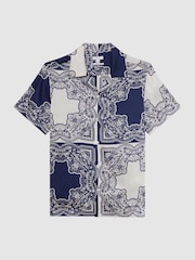 Reiss Blue/White Loxley Printed Cuban Collar Button Through T-Shirt - Image 2 of 4