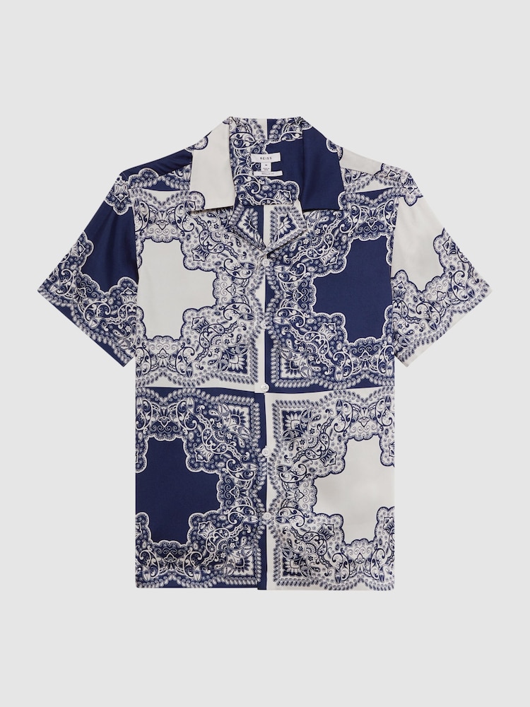 Reiss Blue/White Loxley Printed Cuban Collar Button Through T-Shirt - Image 2 of 4