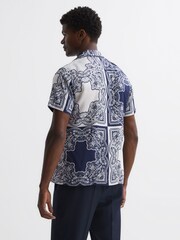 Reiss Blue/White Loxley Printed Cuban Collar Button Through T-Shirt - Image 4 of 4