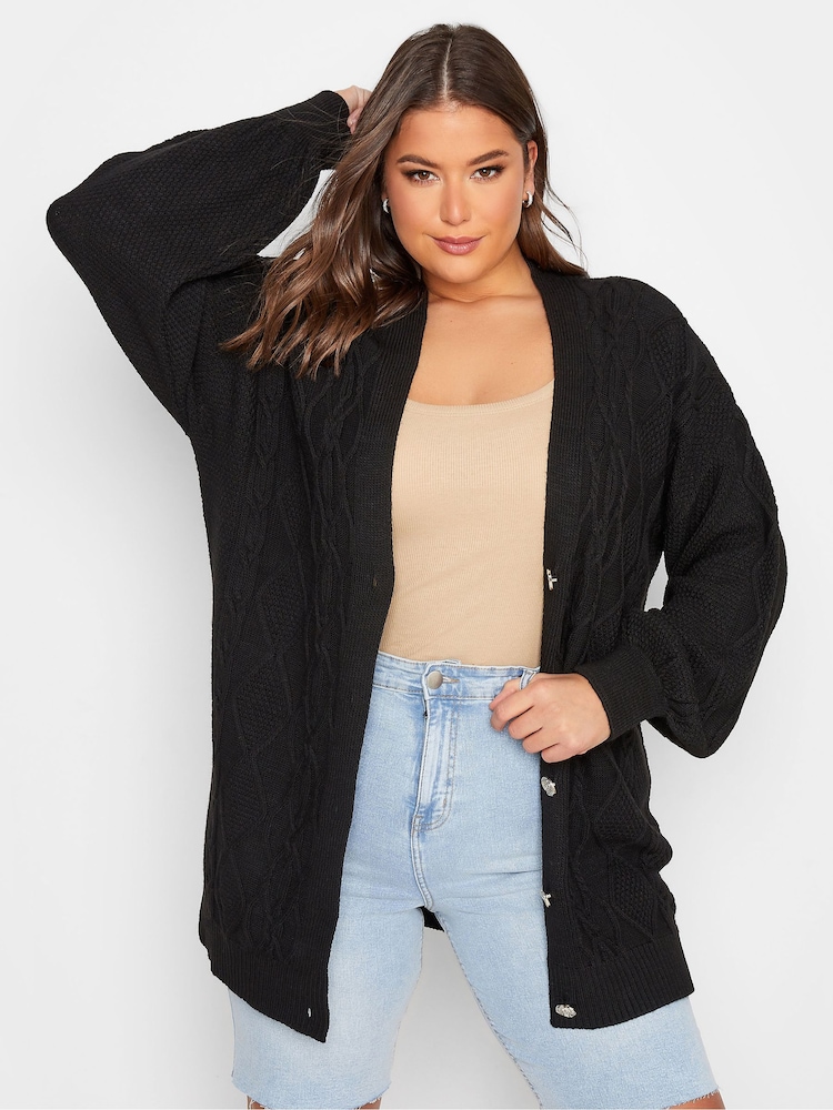 Yours Curve Black Button Through Knitted Cardigan - Image 1 of 4