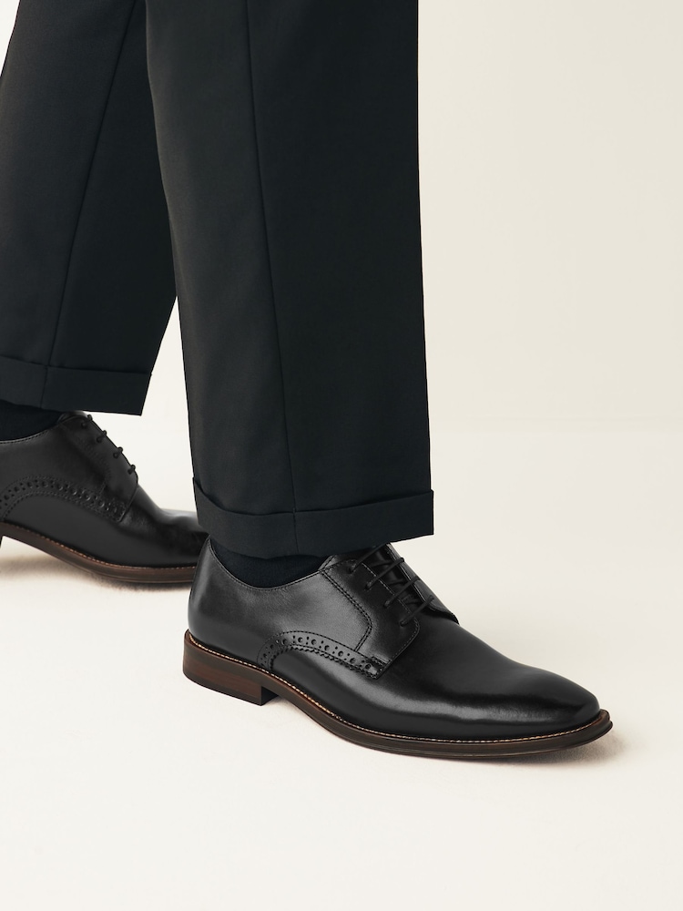 Black Standard Fit Leather Contrast Sole Derby Shoes - Image 1 of 2
