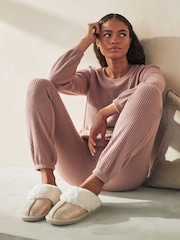 Gold Suede Faux Fur Lined Mule Slippers - Image 1 of 8