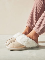 Gold Suede Faux Fur Lined Mule Slippers - Image 2 of 8