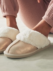 Gold Suede Faux Fur Lined Mule Slippers - Image 3 of 8