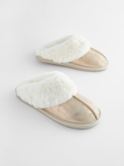 Gold Suede Faux Fur Lined Mule Slippers - Image 4 of 8