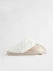 Gold Suede Faux Fur Lined Mule Slippers - Image 5 of 8