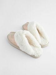 Gold Suede Faux Fur Lined Mule Slippers - Image 7 of 8