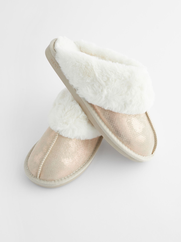 Gold Suede Faux Fur Lined Mule Slippers - Image 8 of 8