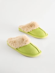 Lime Green Suede Faux Fur Lined Mule Slippers - Image 1 of 2