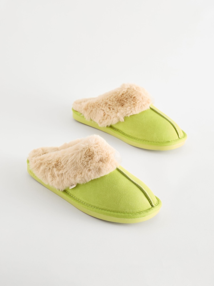 Lime Green Suede Faux Fur Lined Mule Slippers - Image 1 of 2