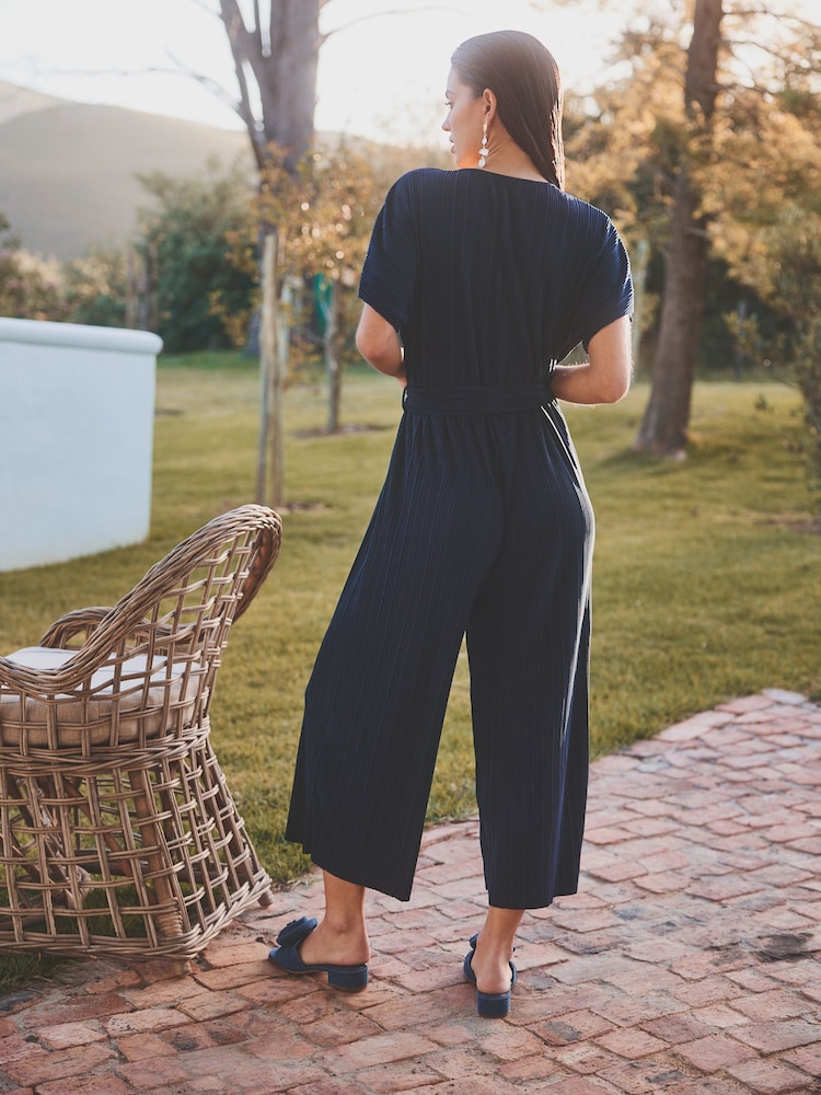 Navy Blue Plisse Short Sleeve V-Neck Culotte Belted Jumpsuit - Image 2 of 6