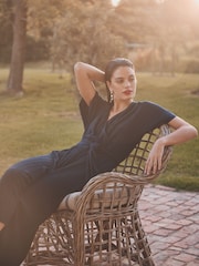 Navy Blue Plisse Short Sleeve V-Neck Culotte Belted Jumpsuit - Image 3 of 6