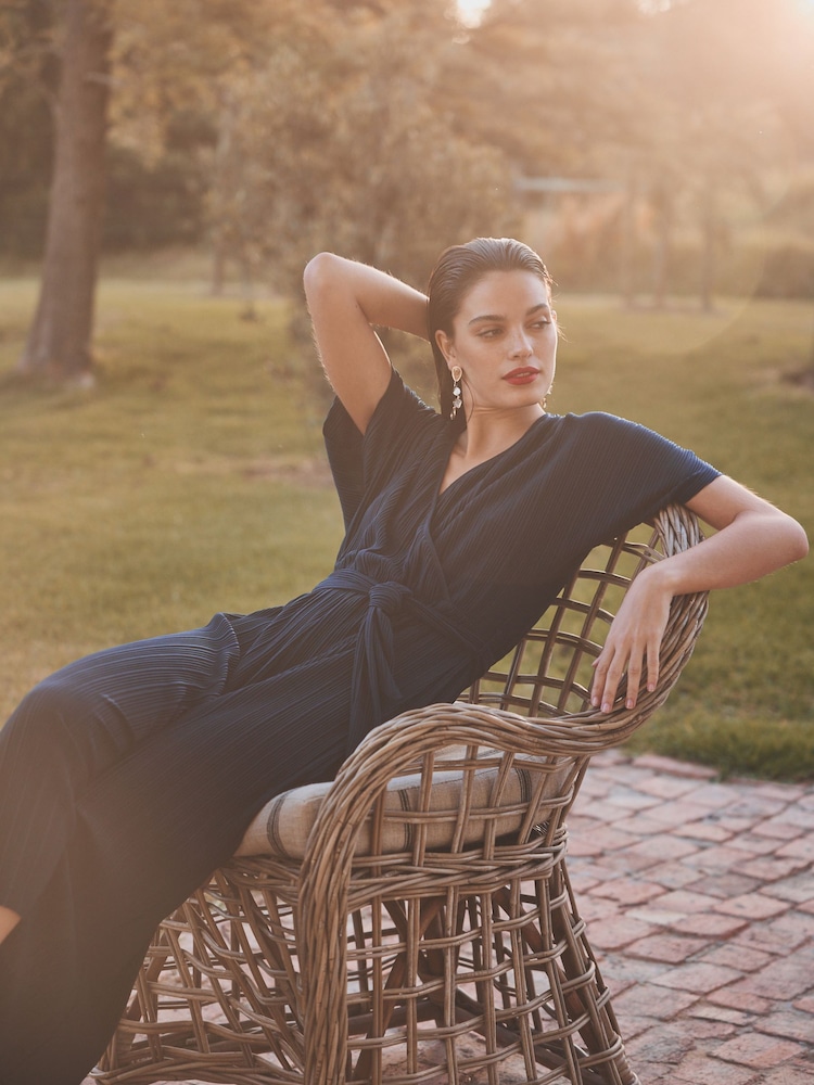 Navy Blue Plisse Short Sleeve V-Neck Culotte Belted Jumpsuit - Image 3 of 6