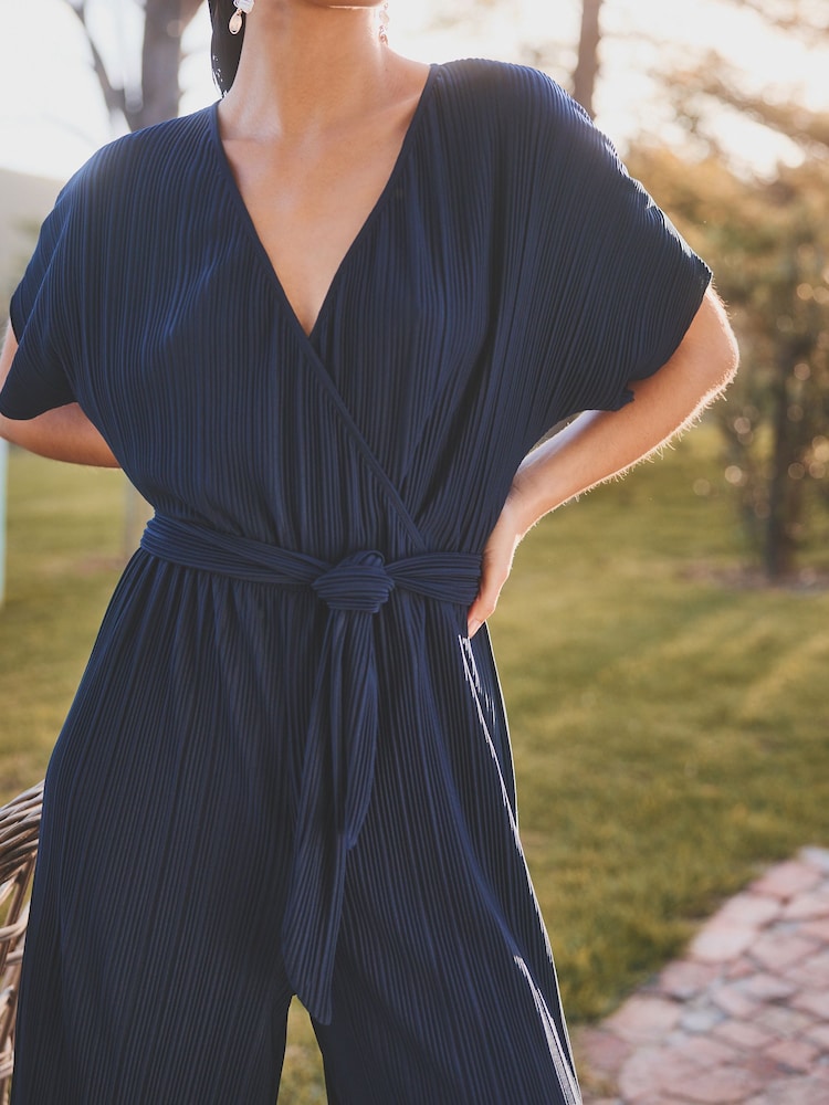 Navy Blue Plisse Short Sleeve V-Neck Culotte Belted Jumpsuit - Image 4 of 6
