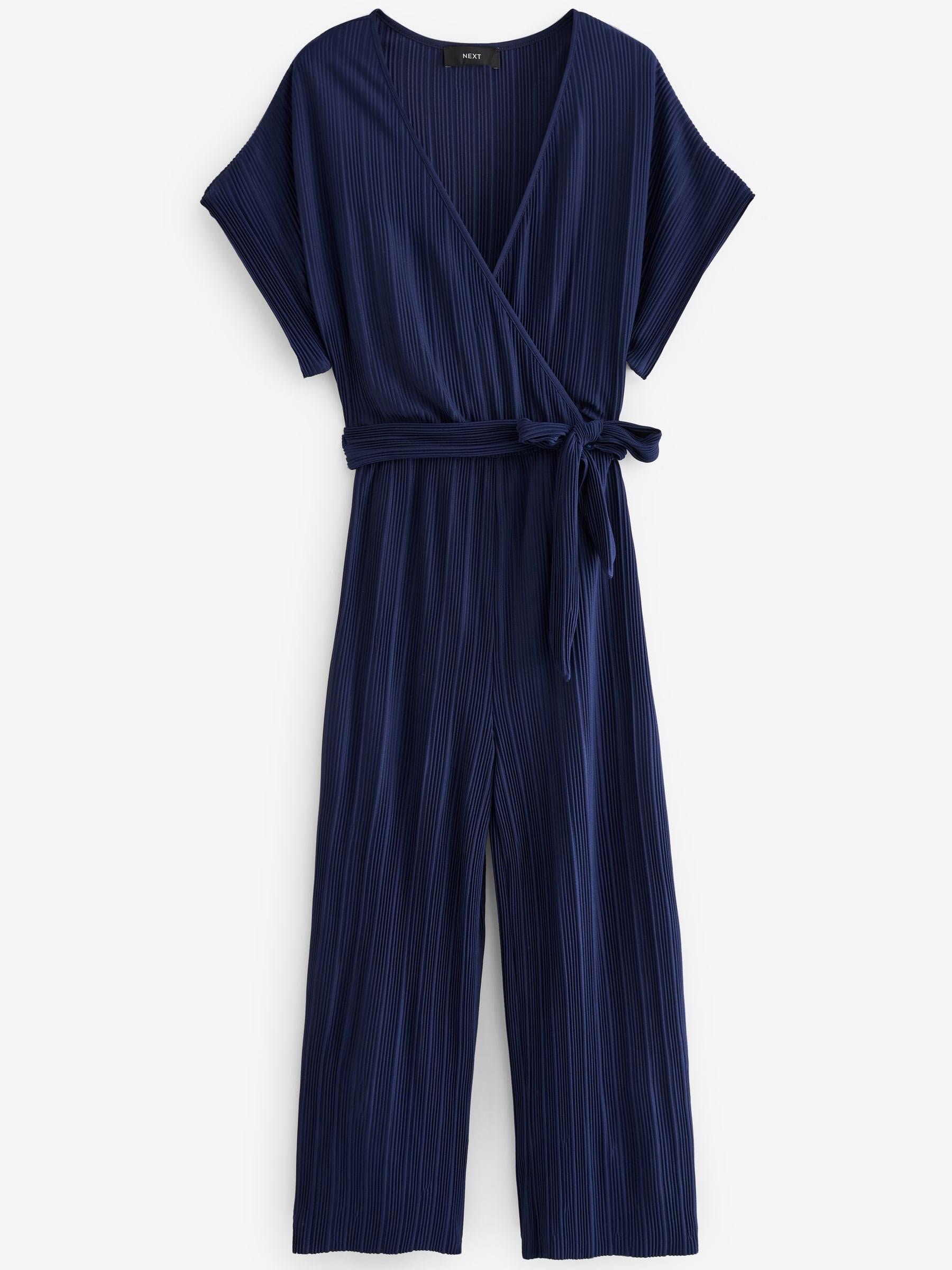 Buy Navy Blue Plisse Short Sleeve V Neck Culotte Belted Jumpsuit from Next Luxembourg