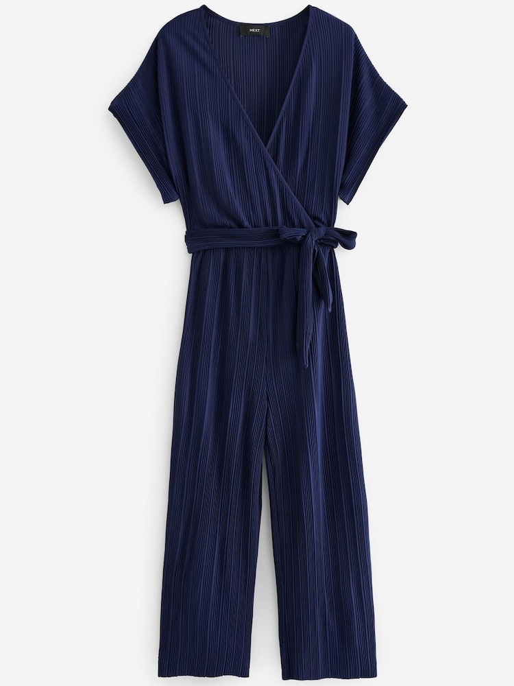Navy Blue Plisse Short Sleeve V-Neck Culotte Belted Jumpsuit - Image 5 of 6