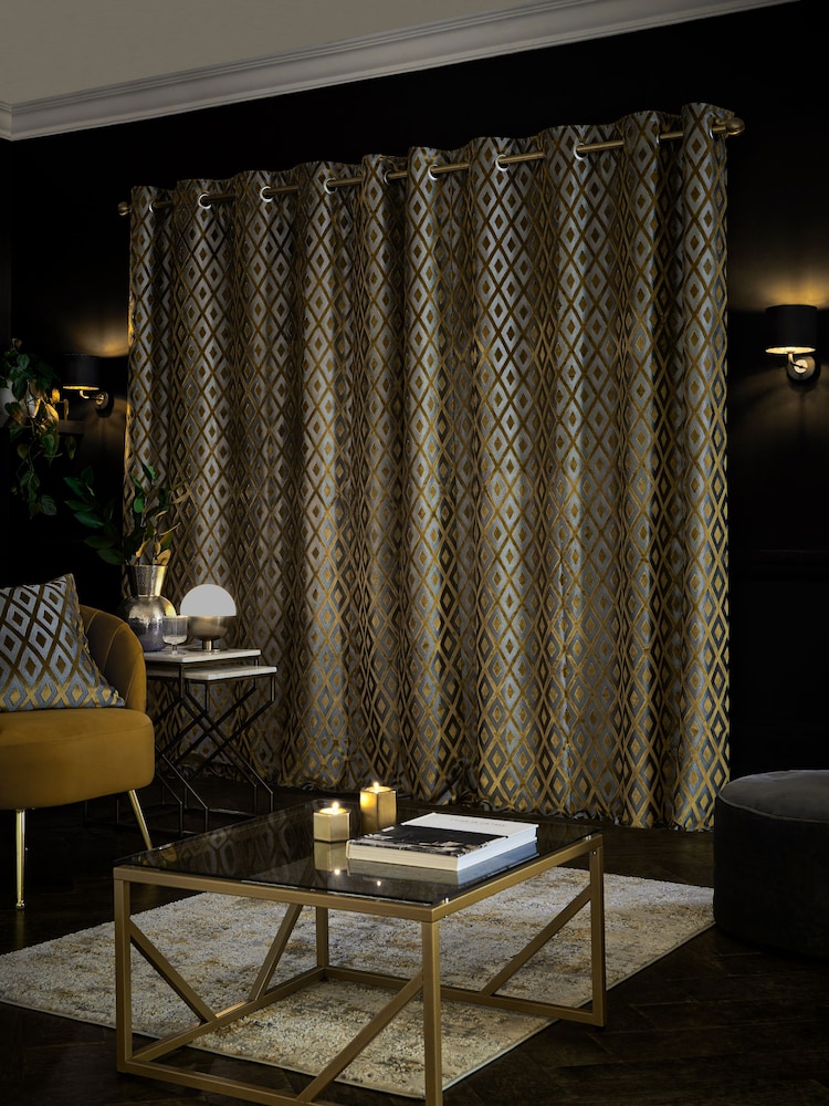 Gold Next Collection Luxe Heavyweight Diamond Geometric Eyelet Lined Curtains - Image 1 of 5