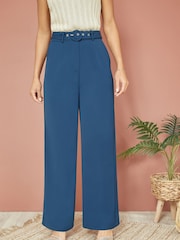 Yumi Blue Straight Leg Crepe Trousers With Belt - Image 1 of 4