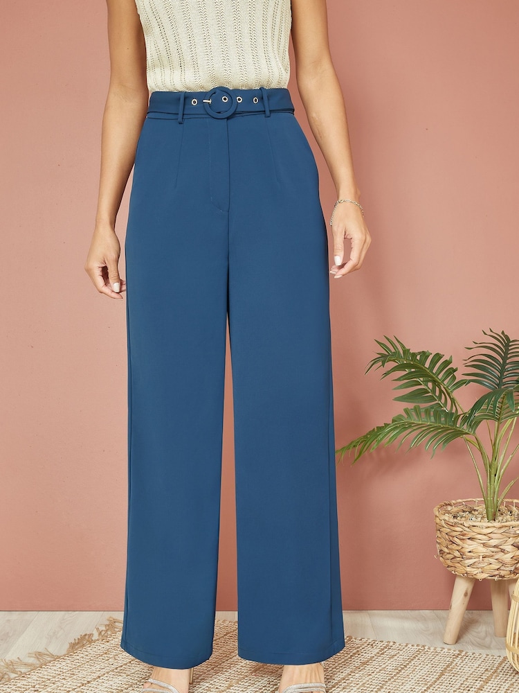 Yumi Blue Straight Leg Crepe Trousers With Belt - Image 1 of 4