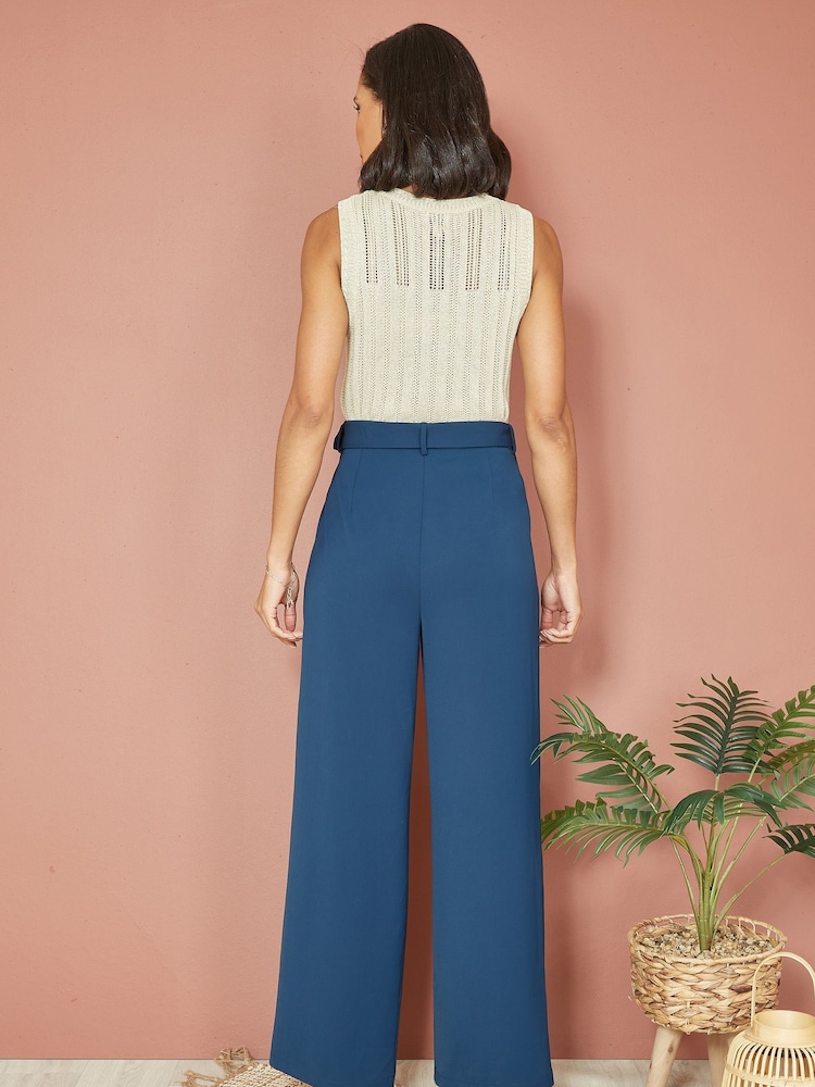 Yumi Blue Straight Leg Crepe Trousers With Belt - Image 2 of 4