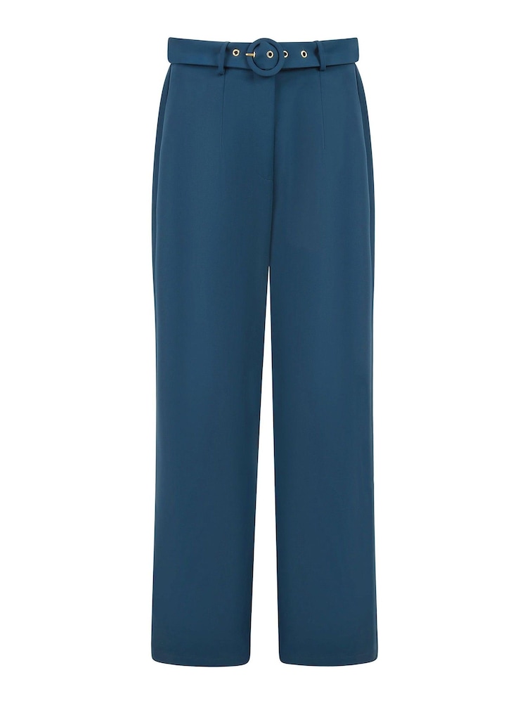 Yumi Blue Straight Leg Crepe Trousers With Belt - Image 4 of 4