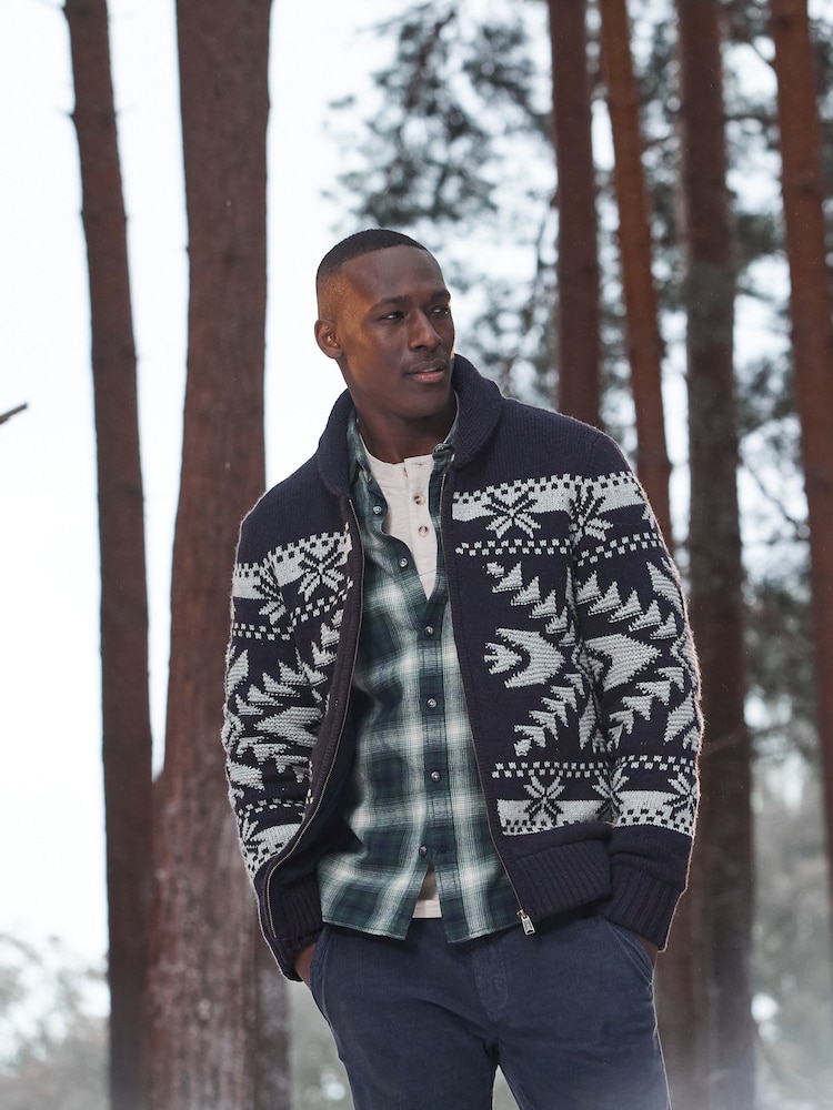 FatFace Blue Lanark Shawl Pattern Cardigan - Image 1 of 6