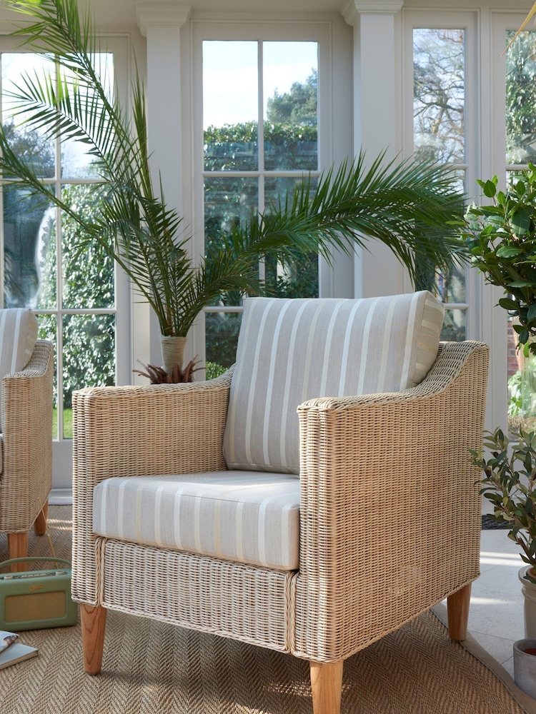 Laura Ashley Natural Garden Bamburgh Indoor Rattan Lounging Set with Luxford Stripe Off-White Cushions - Image 1 of 3
