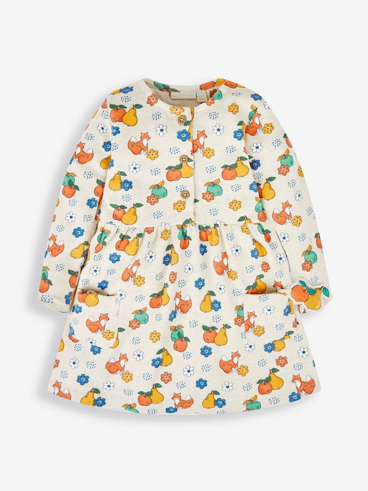 JoJo Maman Bébé Stone Natural Fox & Fruit Button Front Dress - Image 1 of 5