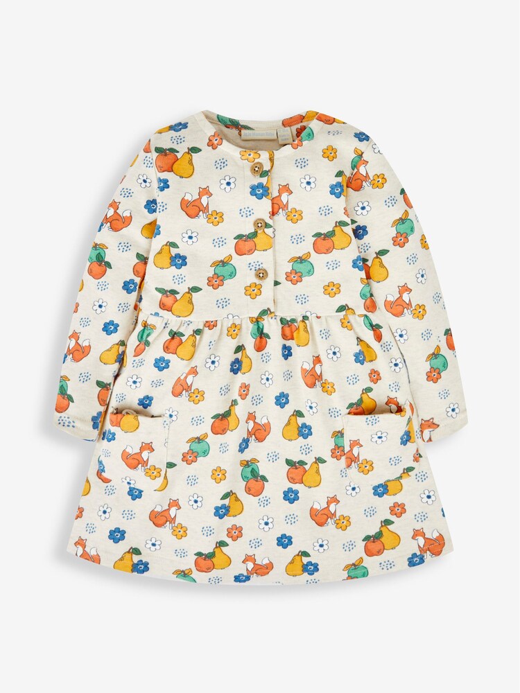 JoJo Maman Bébé Stone Natural Fox & Fruit Button Front Dress - Image 2 of 5