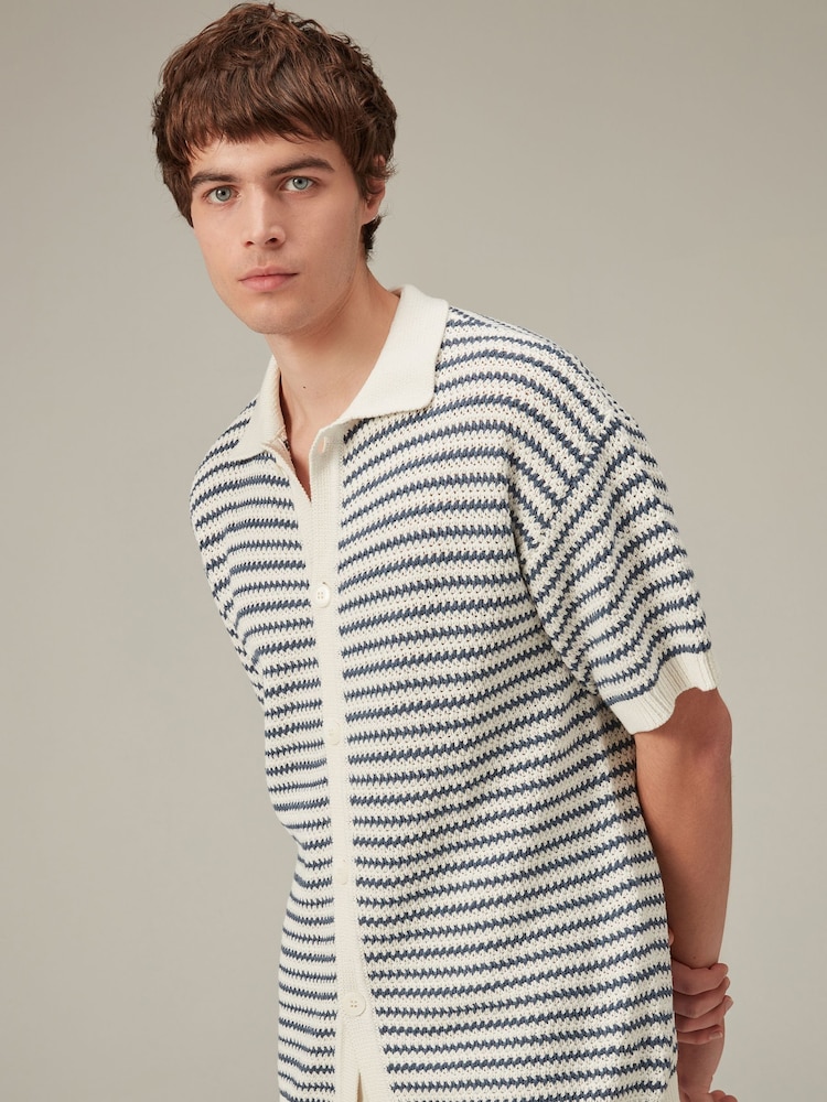 modra/bela - Relaxed Crochet z gumbi po celotni dolžnosti 100% Cotton srajce - Slika 1 iz 8