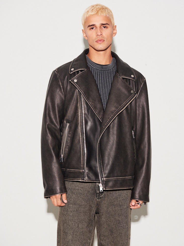 Black PU EDIT Leather Washed Biker Jacket - Image 1 of 10