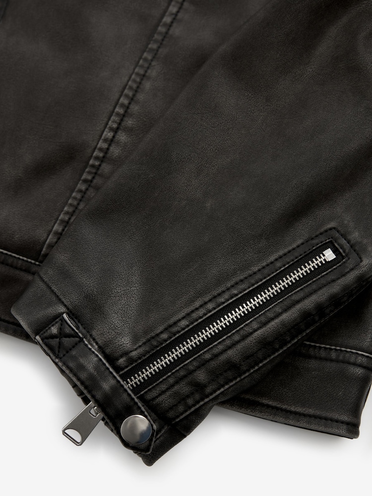 Black PU EDIT Leather Washed Biker Jacket - Image 10 of 10