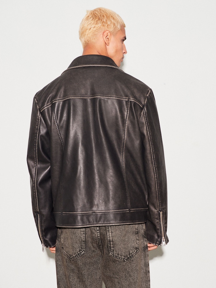 Black PU EDIT Leather Washed Biker Jacket - Image 3 of 10
