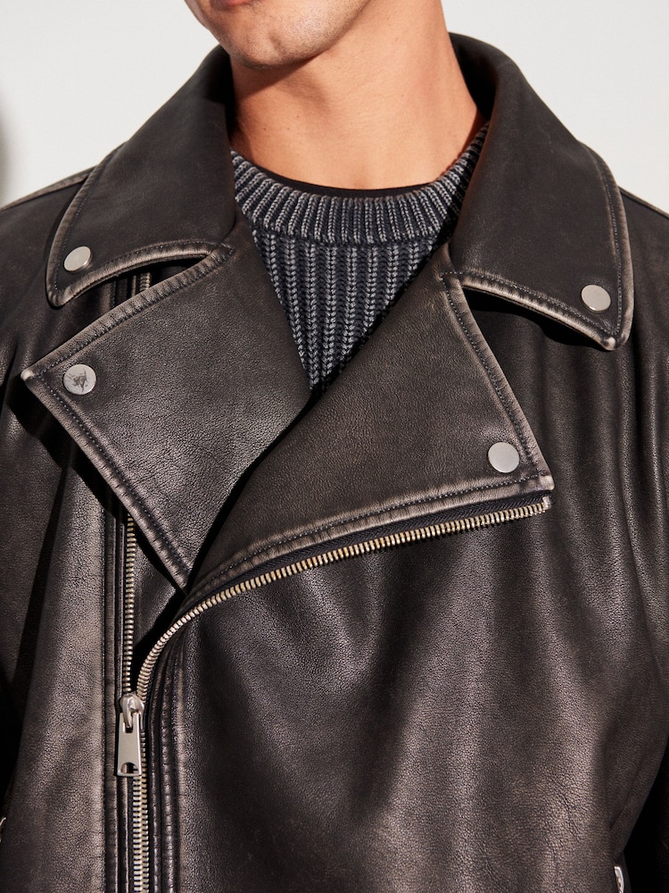 Black PU EDIT Leather Washed Biker Jacket - Image 4 of 10