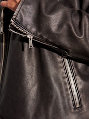 Black PU EDIT Leather Washed Biker Jacket - Image 5 of 10