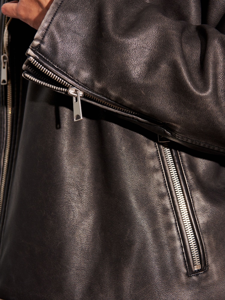 Black PU EDIT Leather Washed Biker Jacket - Image 5 of 10