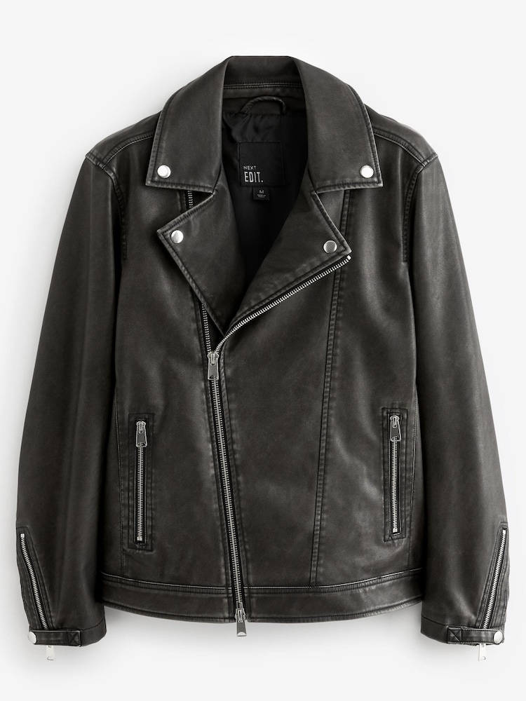 Black PU EDIT Leather Washed Biker Jacket - Image 6 of 10