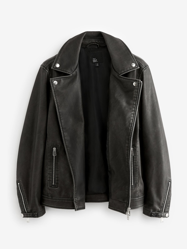 Black PU EDIT Leather Washed Biker Jacket - Image 7 of 10