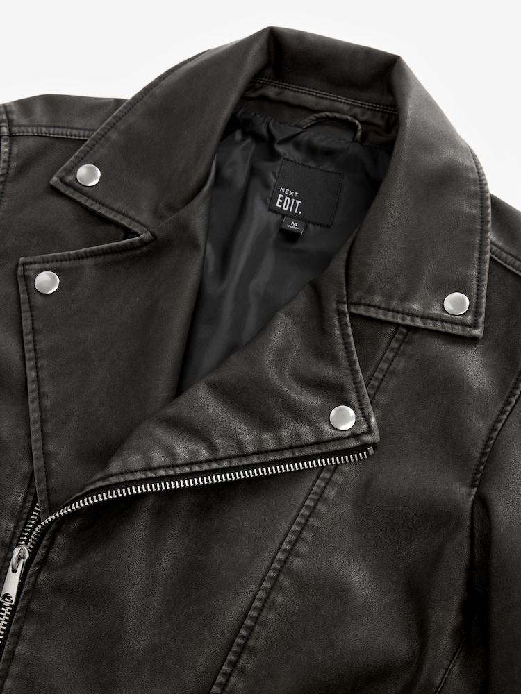 Black PU EDIT Leather Washed Biker Jacket - Image 8 of 10